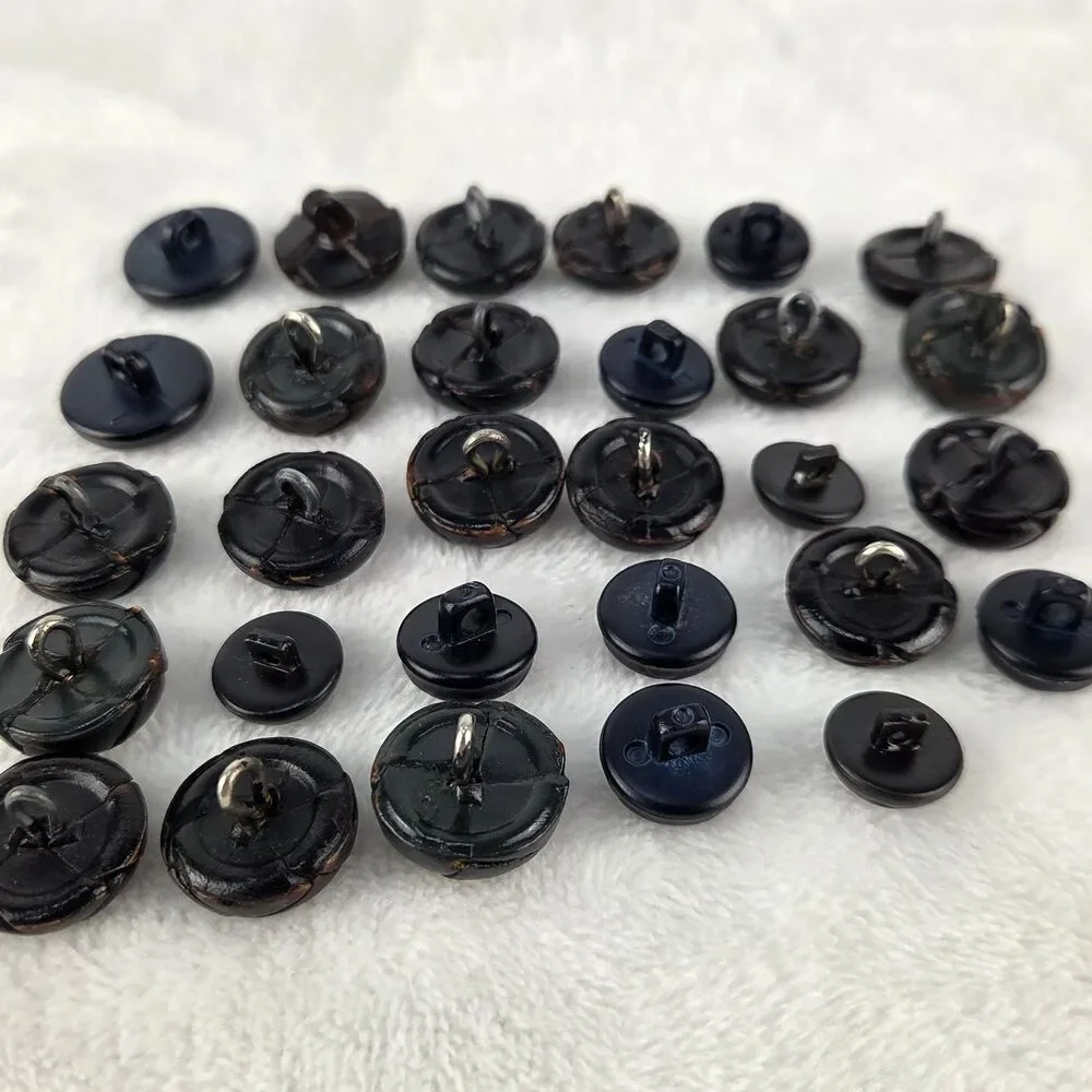 Vintage Plastic Shank Buttons Lot 29 Black Faux Leather Style